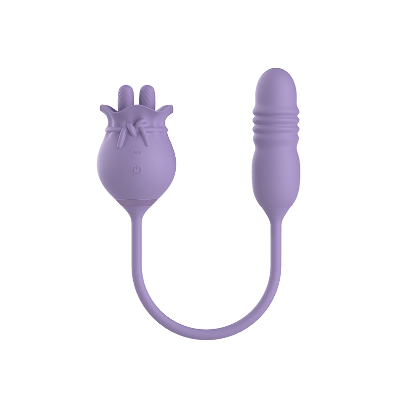 Purple silicone dual vibrator with a flexible cord on a white background