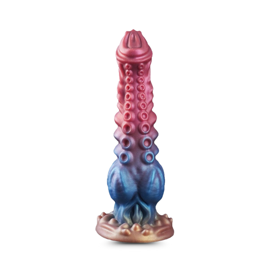 Colorful octopus-like fantasy dildo on white background