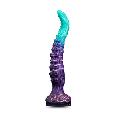 Blue and purple tentacle-like curved dildo on a transparent background