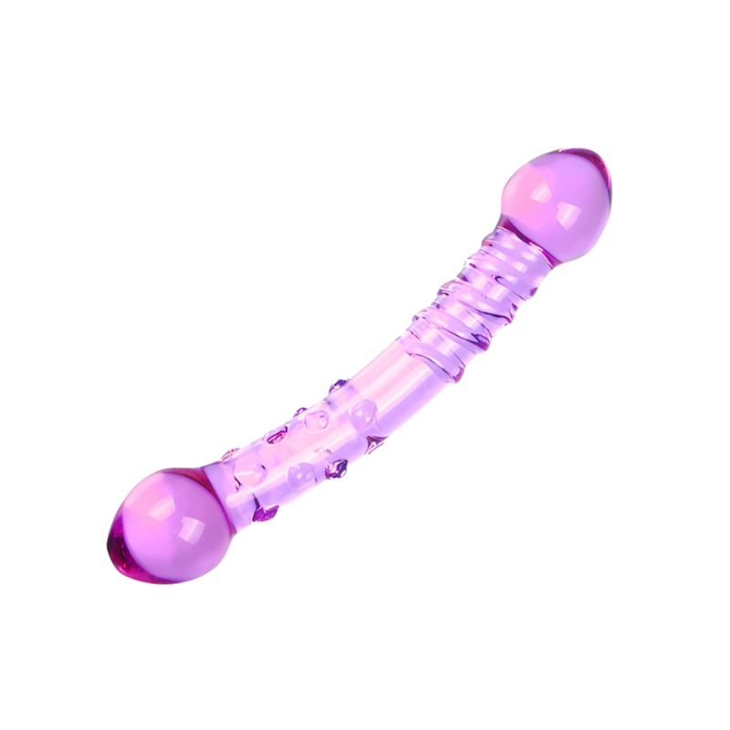 Purple glass dual-ended dildo with texture on shaft on a white background
