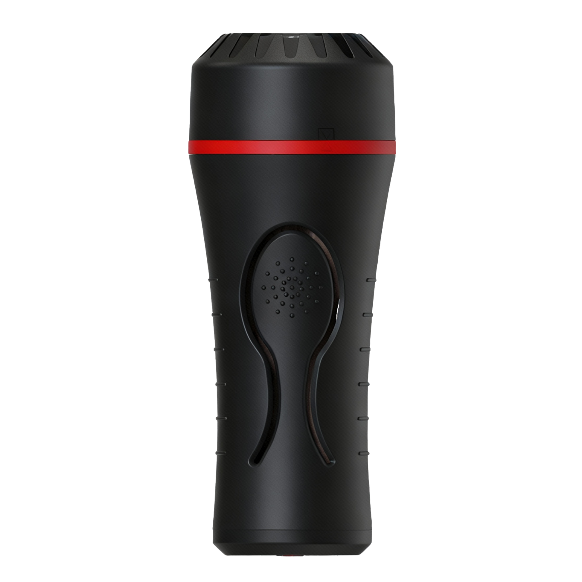 Black handheld flashlight-like male masturbator with a red stripe on a white background