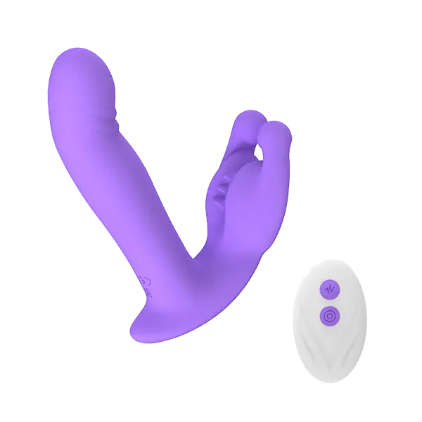 Purple dual vibrator with rabbit feature and a white remote control on a transparent background