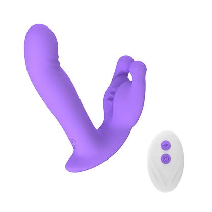 Purple dual vibrator with rabbit feature and a white remote control on a transparent background