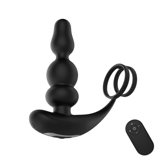 Black prostate massager connected to a cock ring with remote control on a white background