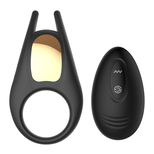 Black cock ring with a clit stimulator and a black remote control on a transparent background