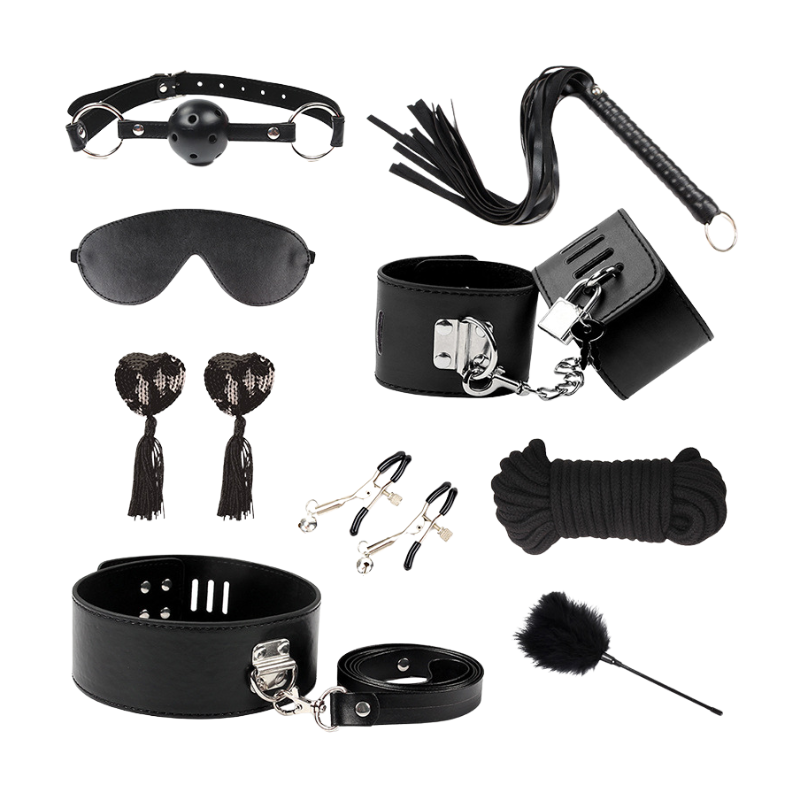 Collection of black leather bondage accessories on a white background