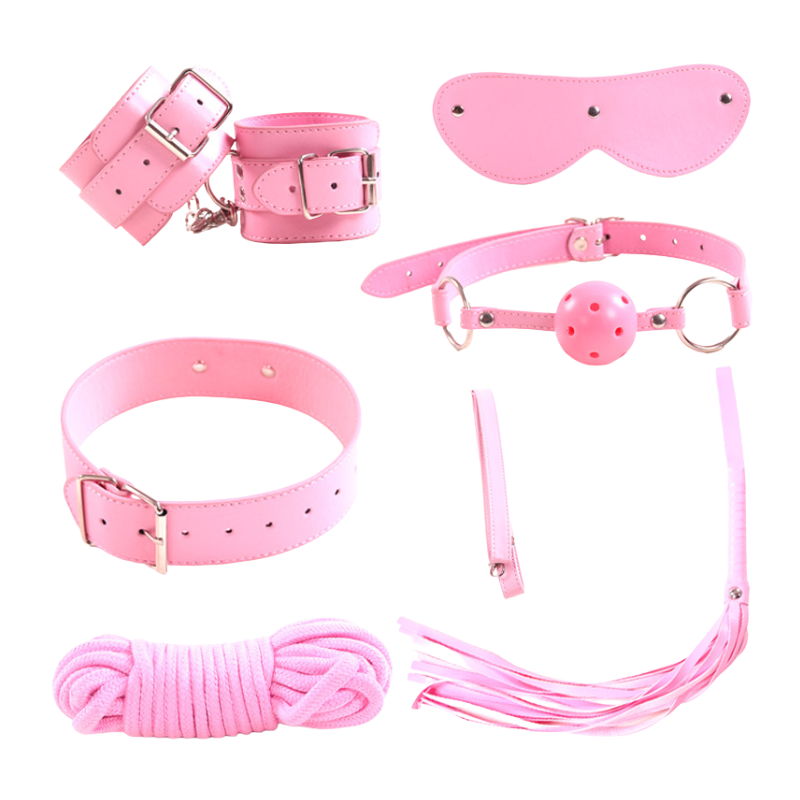 Collection of pink bondage accessories including a collar, leash, and blindfold on a white background.