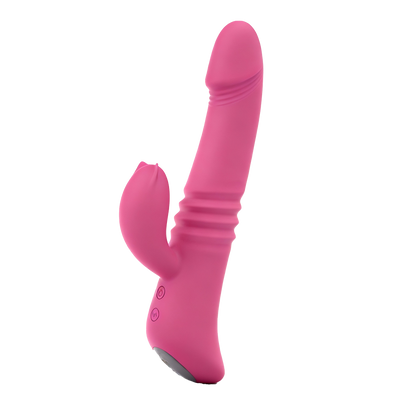 Pink silicone dual vibrator on a white background