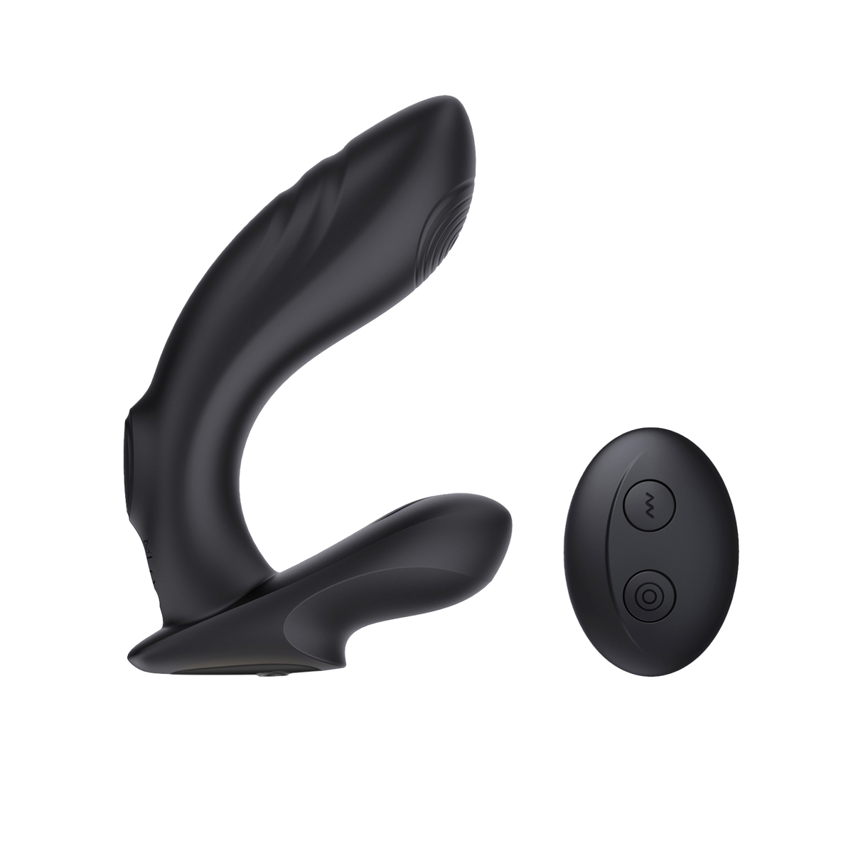 Black curved butt plug with a black remote control on a transparent background