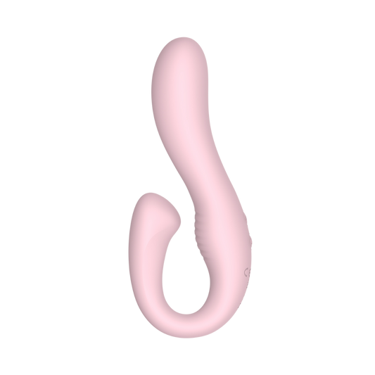Pink silicone dual vibrator on a white background