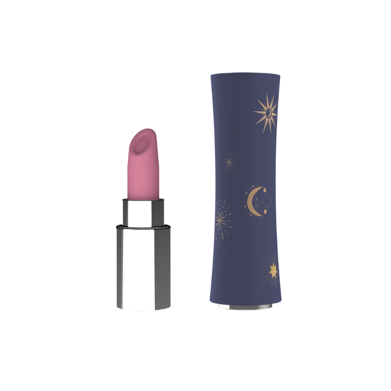 Pink lipstick vibrator with a navy case featuring celestial designs on a white background